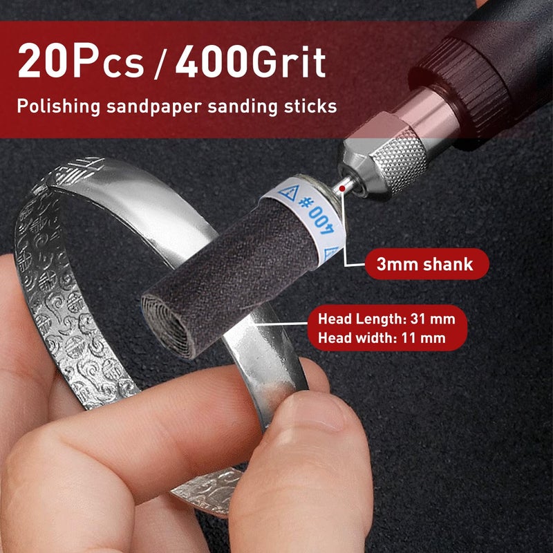 PONTASS 400 Grit 20 Pcs Sanding Drums for Dremel Rotary Tools Accessories, Sanding Bits Kit for Dremel Sanding Bands with 1/8 inch Shank, Sandpaper Sticks Set for Plastic Wood Metal Grinding Polishing - Image 3